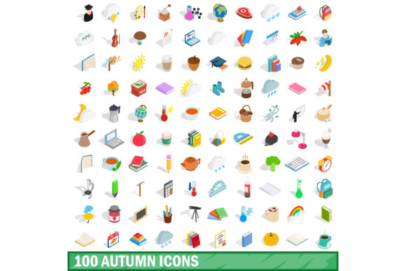 100 Autumn Icons Set, Isometric 3d Style