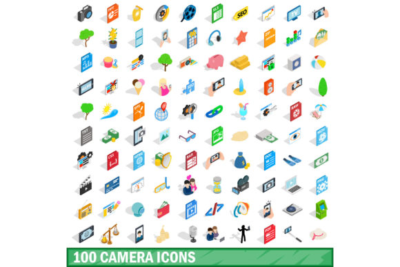 100 Camera Icons Set, Isometric 3d Style
