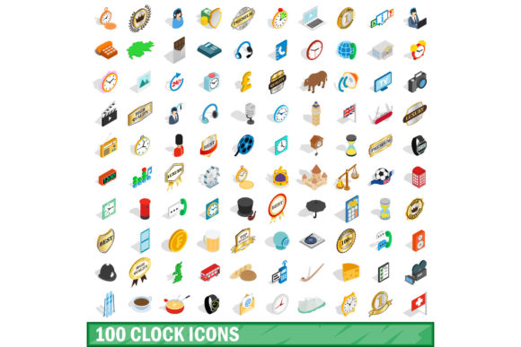 100 Clock Icons Set, Isometric 3d Style