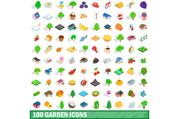 100 Garden Icons Set, Isometric 3d Style