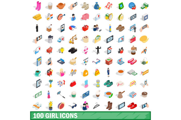 100 Girl Icons Set, Isometric 3d Style