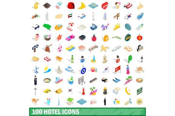 100 Hotel Icons Set, Isometric 3d Style
