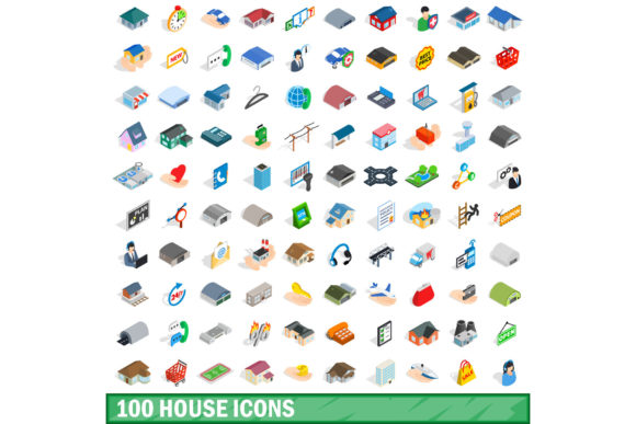 100 House Icons Set, Isometric 3d Style