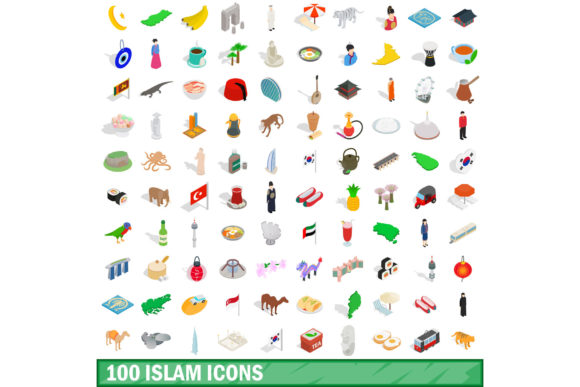 100 Islam Icons Set, Isometric 3d Style