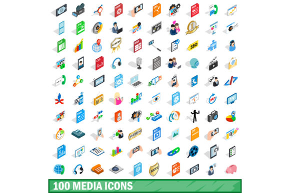 100 Media Icons Set, Isometric 3d Style
