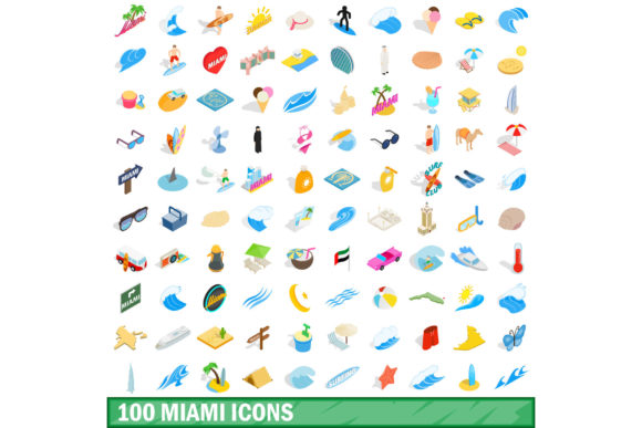 100 Miami Icons Set, Isometric 3d Style