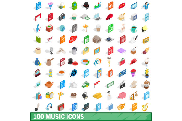 100 Music Icons Set, Isometric 3d Style for Designers