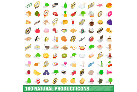 100 Natural Product Icons Set, Isometric
