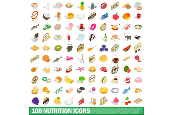 100 Nutrition Icons Set: Isometric 3D Vector Illustrations