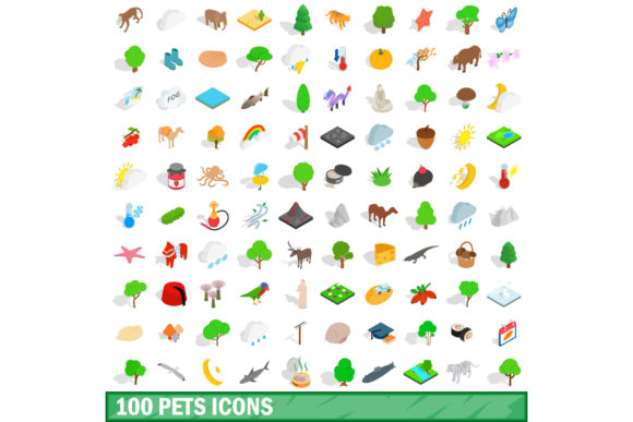 100 Pets Icons Set, Isometric 3d Style