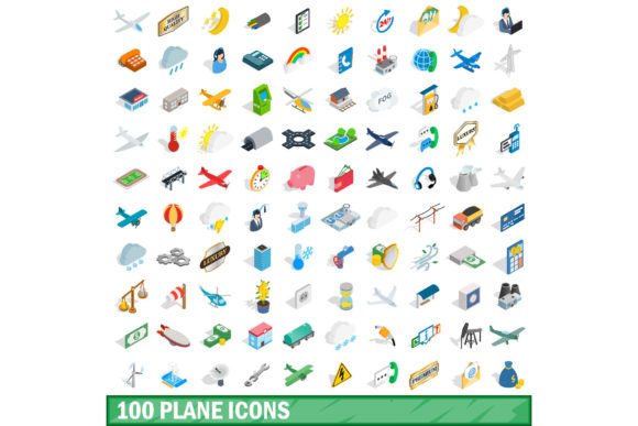 100 Plane Icons Set, Isometric 3d Style