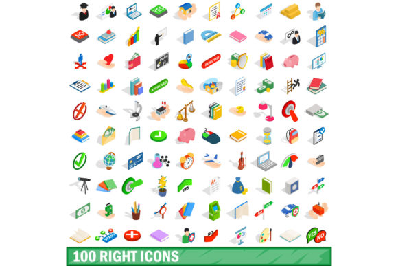 100 Right Icons Set, Isometric 3d Style