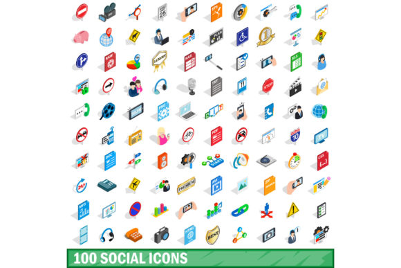 100 Social Icons Set, Isometric 3d Style