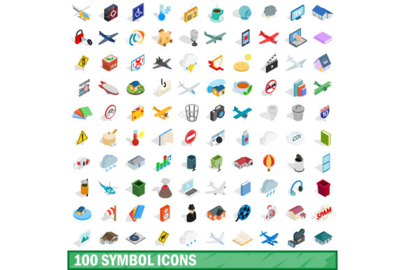 100 Symbol Icons Set, Isometric 3d Style