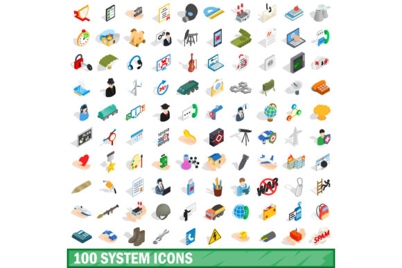 100 System Icons Set, Isometric 3d Style