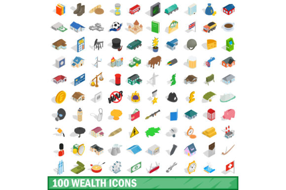 100 Wealth Icons Set, Isometric 3d Style